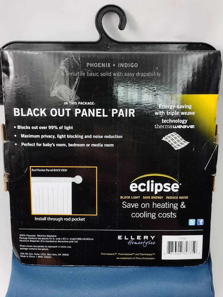 Eclipse Absolute Zero Blackout Rod Pocket Curtain Panel Pair 63" - Indigo Blue - Image 2 of 2