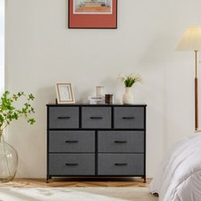 7 Bedroom Drawer Dresser Storage Chest Wood Top Metal Frame Fabric Bins