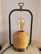 Industrial Style Desk Table Lamp Mixed Metals and Natural Wood 13.5" Tall