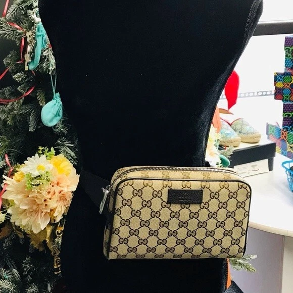 Gucci GG Beige Canvas Brown Leather Waist Belt Bag 449174 NWT