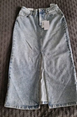 VILA Damen Jeansrock Midi hohe Taille Frontschlitz Regular Fit Gürtelschlaufen