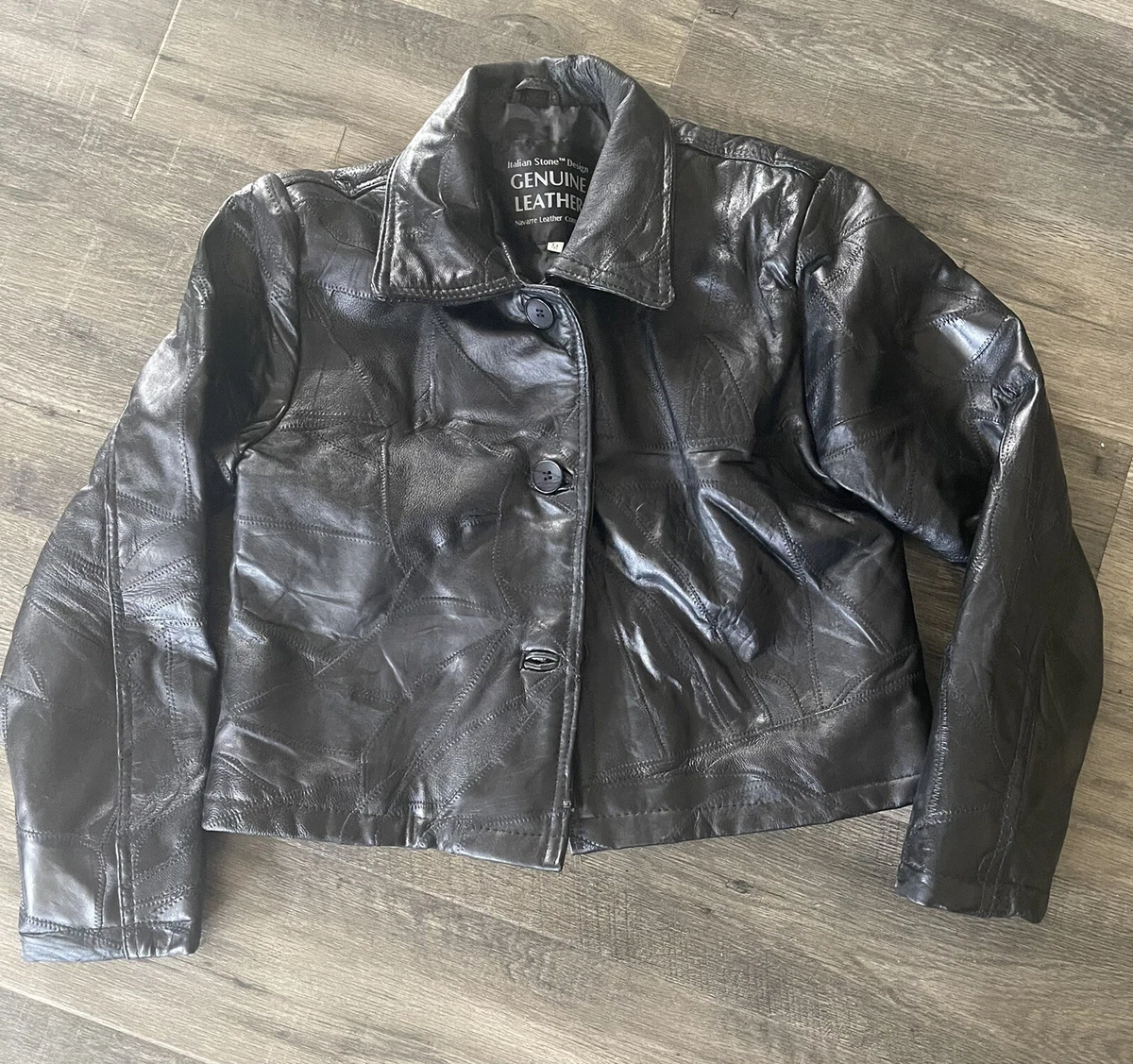 Italian Stone Design Navarre Leather Patchwork Black Leather Jacket Womens Med