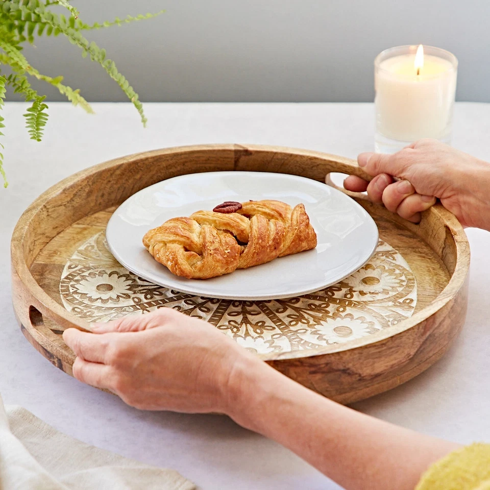 Round Floral Carved Mango Wood Serving Tray - Mandala Decoration - RRP £42.95 - Image 2 of 4