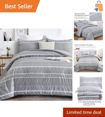 Durable All-Season Grey Boho King Comforter Set - Machine Washable Convenience
