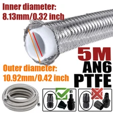 16.4FT AN6 6AN ID:0.32" Stainless Steel Braided PTFE Fuel Line Oil Gas Hose E85