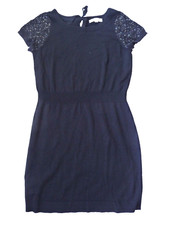 LOFT Dress L Black Knit Scoop Neck Embellished Beaded Short Sleeves Back Tie