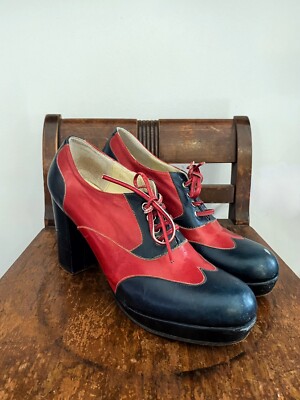 1960s/60s Vintage Red Navy Platform Lace Up Mary Janes Shoes 1970s/70s- 