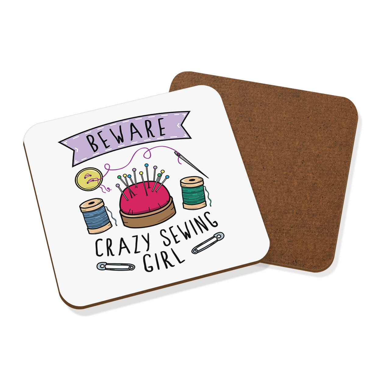 Beware Crazy Sewing Girl Coaster Drinks Mat Daughter Funny Kids Sewing Craft