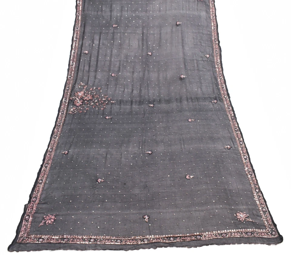 Estola Larga Floral Sushila Vintage Negra Cuentas a Mano Dupatta Pura Gasa Seda Foto 2 de 4