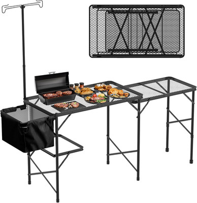 Folding Table with Sink and Double Shelf, Camping Table Height Adjustable Foldin