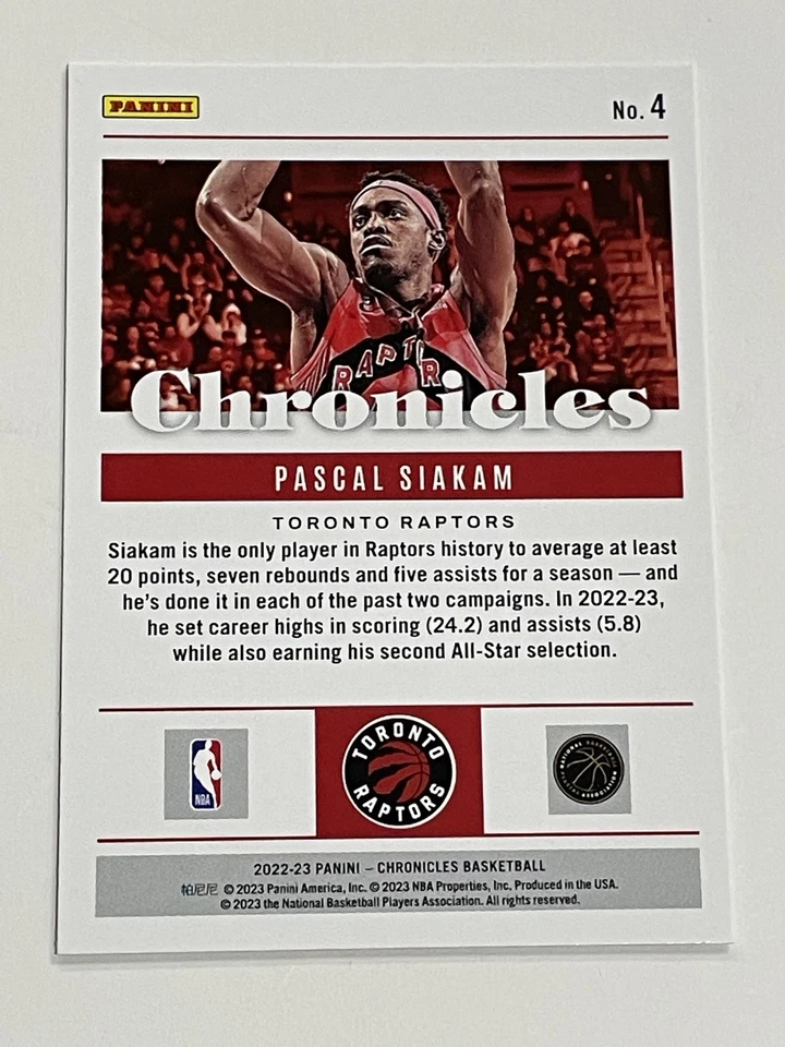 2022-23 Panini Chronicles Basketball #4 - Pascal Siakam - Toronto Raptors - Image 2 of 2