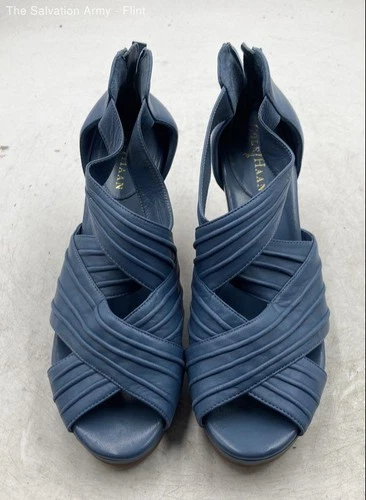 Cole Haan Womens Blue Leather Back Zip Wedge Platform Sandals Size US 8B