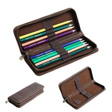 Handmade Genuine Leather Pen Pouch Zipper Pencil case Stationery Storage Pen Bag