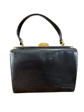 Vintage 60s Coblentz Black Genuine Leather Frame Handbag Purse Evening Cocktail