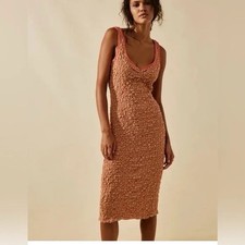 NWT Free People Tan Pink Set The Bar Pucker Smocked Fitted Midi Tank Dress S