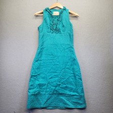 Salma by Lodo Teal Blue Linen Ruffle V-Neck Sleeveless Empire Waist Dress XS