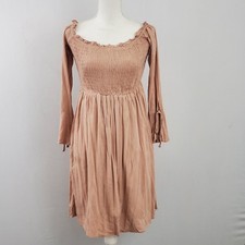 LLove Tan Shirred Smocked Peasant Mini Dress Bell Sleeve Boho Cottagecore NWT S