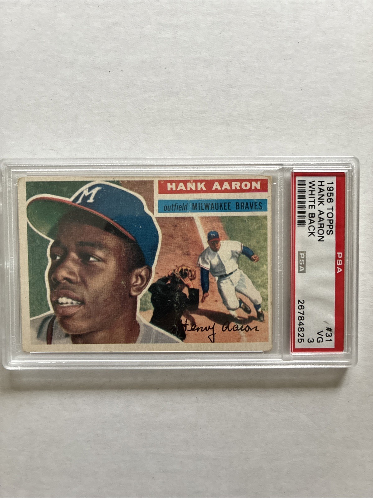 1956 Topps - Willie Mays, Hank Aaron #31 White Back: Background Photo is Willie view 4