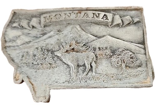 Hebilla de cinturón de colección 1978 Shape Of Montana State latón alce montañas bergamota latón - Imagen 2 de 8