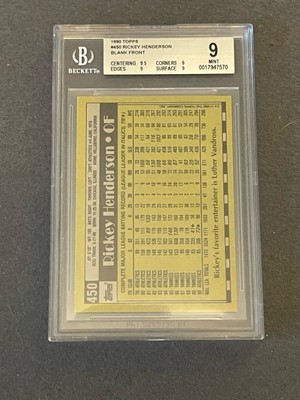 1990 Topps Rickey Henderson #450 RARE ERROR CARD - Blank Front