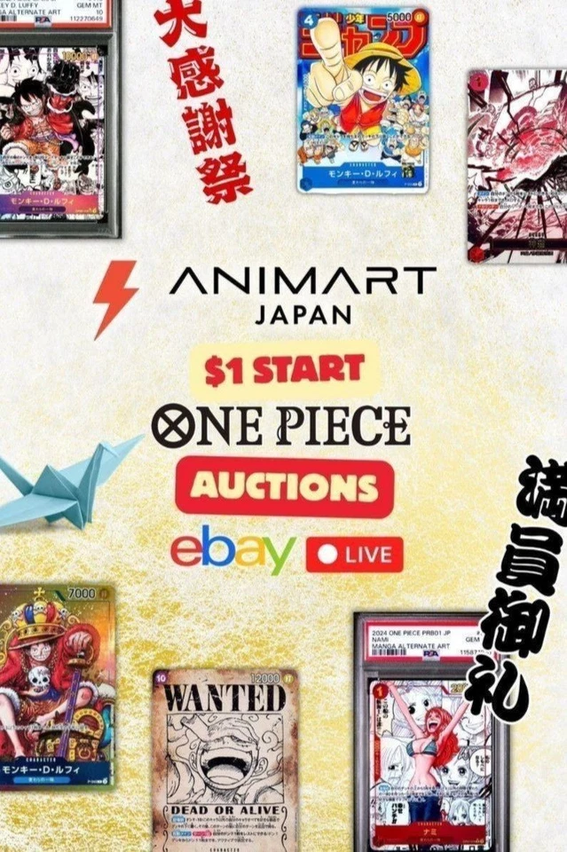 $1 START Slabs, Singles Japanese OnePiece Cards Live Auction