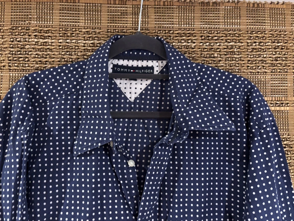 Tommy Hilfiger Navy Blue & White Polka Dot Long Sleeve Men's Shirt Large Cotton - Image 2 of 4