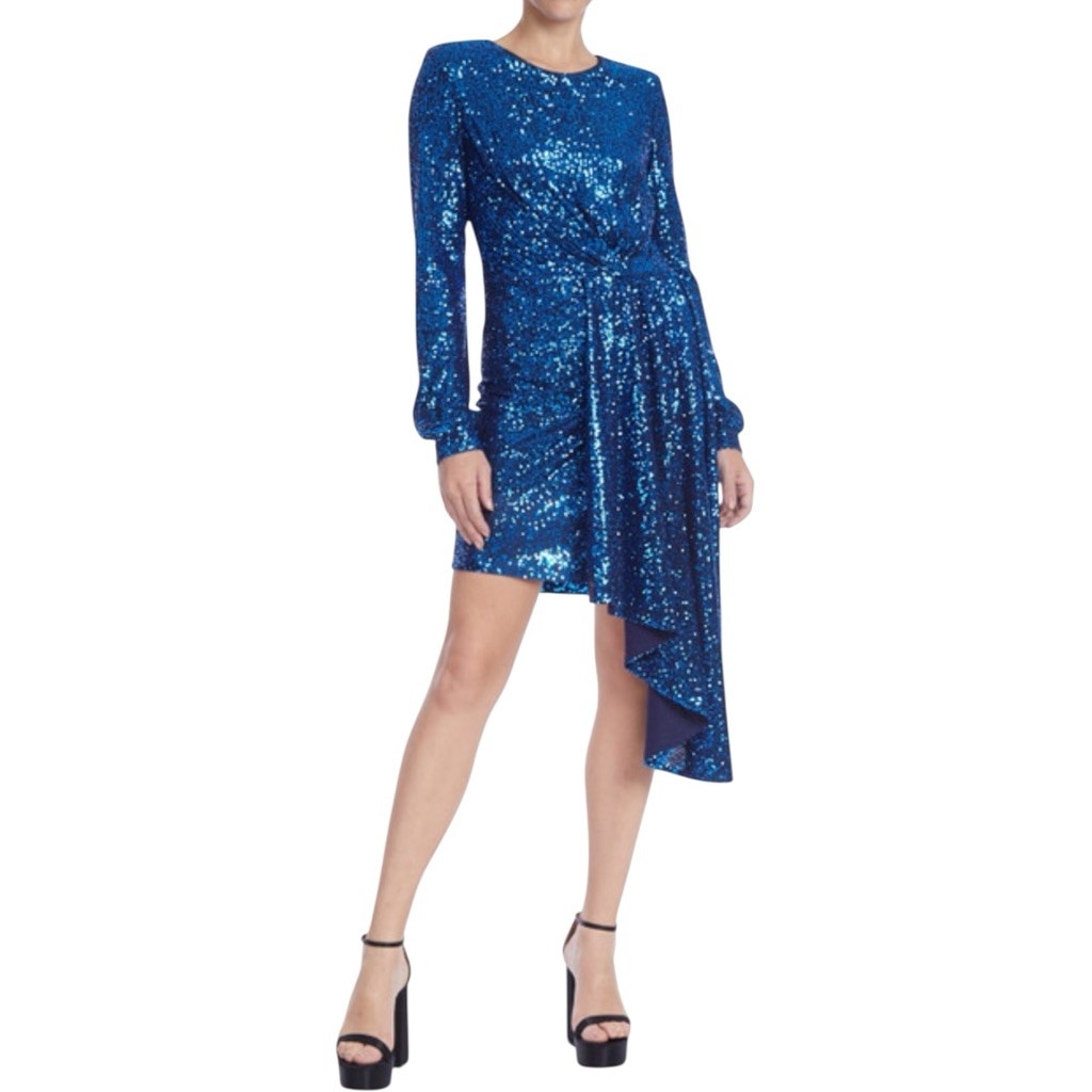 JEWEL BADGLEY MISCHKA Sequin Draped Sash Mini Cocktail Dress Sapphire Blue Sz 10