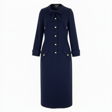 Cb15 Vintage CHANEL Tweed Dress Long Sleeve Coco Mark Button Navy Used AYAN-0