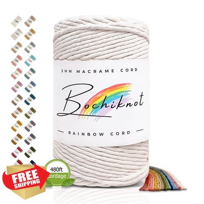 BOCHIKNOT Macrame Cord 5mm 160yds Milk Soft Cotton Rope Wall Hanging Plants