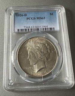 1926 PEACE D DOLLAR GRADED TO PCGS MS63 STANDARD.