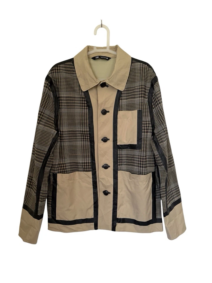 Jaqueta utilitária Zara xadrez patchwork – Bege/preto - Imagem 2 de 4