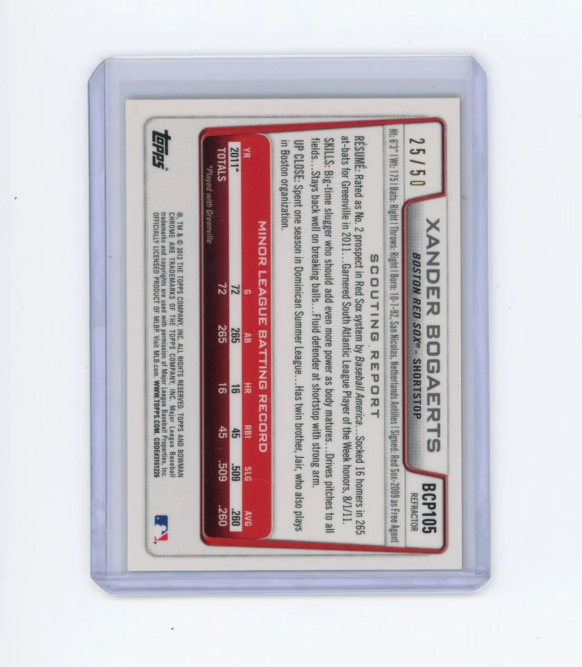2012 Bowman Chrome Xander Bogaerts #BCP105 1st Gold Refractor /50 Red Sox - Image 2 of 2