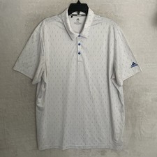 Adidas Mens Polo Shirt White Blue Geoemtric 2XL Polyester Short Sleeve Collar
