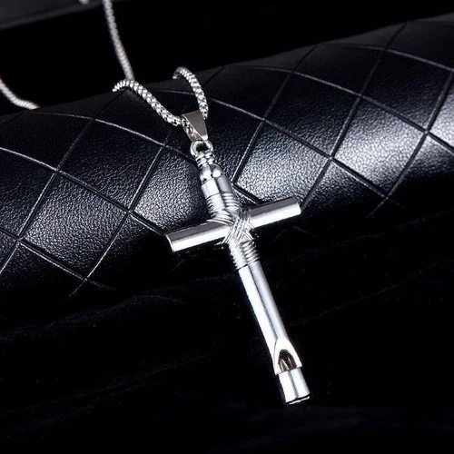 Vintage Punk Hip Hop Emergency Whistle Cross Portable Necklace-Silver Color