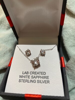 Lab Created White Sapphire Sterling Silver 18 Necklace & Earrings Set W/ Box