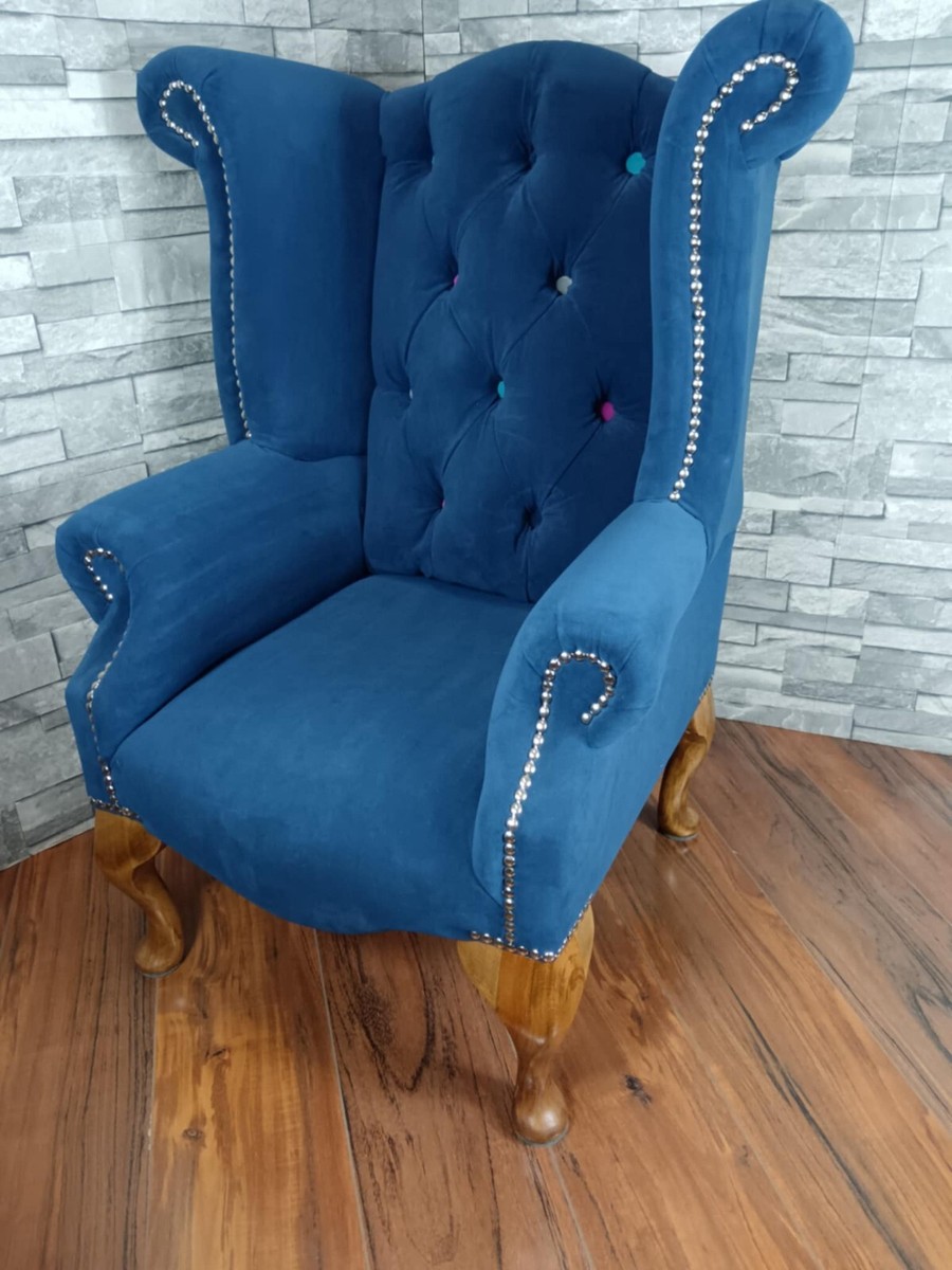 Kids Queen Anne chair blue velvet UK