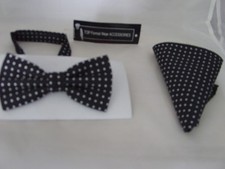  020  Black with Silver Polka Dots - 100 Silk Mens Bow Tie and Hankie Set