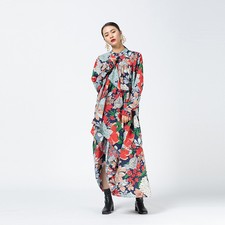 Retro Style Womens Long Sleeve Floral Print Loose Irregular Design Long Dress Sz
