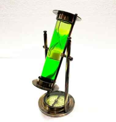 Brass Antique Finish Green Liquid Sand Timer Vintage Hourglass with Compass