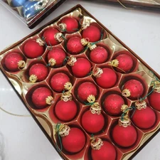 Box of 24 Red Miniature Glass Christmas Balls Ball Ornaments Gift Box Set