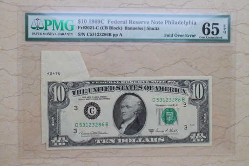 PMG 65EPQ $10 1969C Federal Reserve Note Philadelphia (Fold Over Error) - Picture 1 of 2