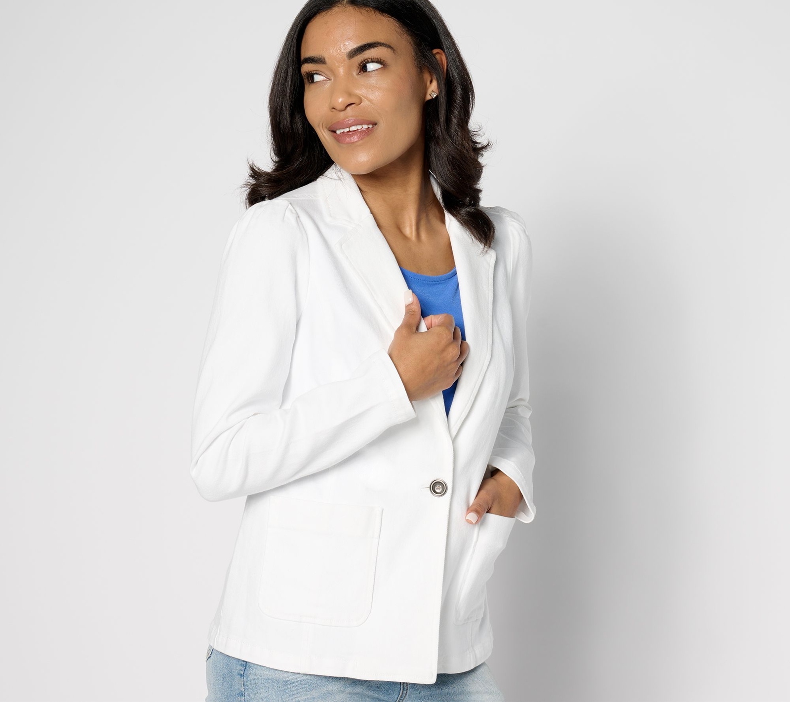 Susan Graver Women's Jacket Sz M Petite Denim Notch Collar Ivory A660405