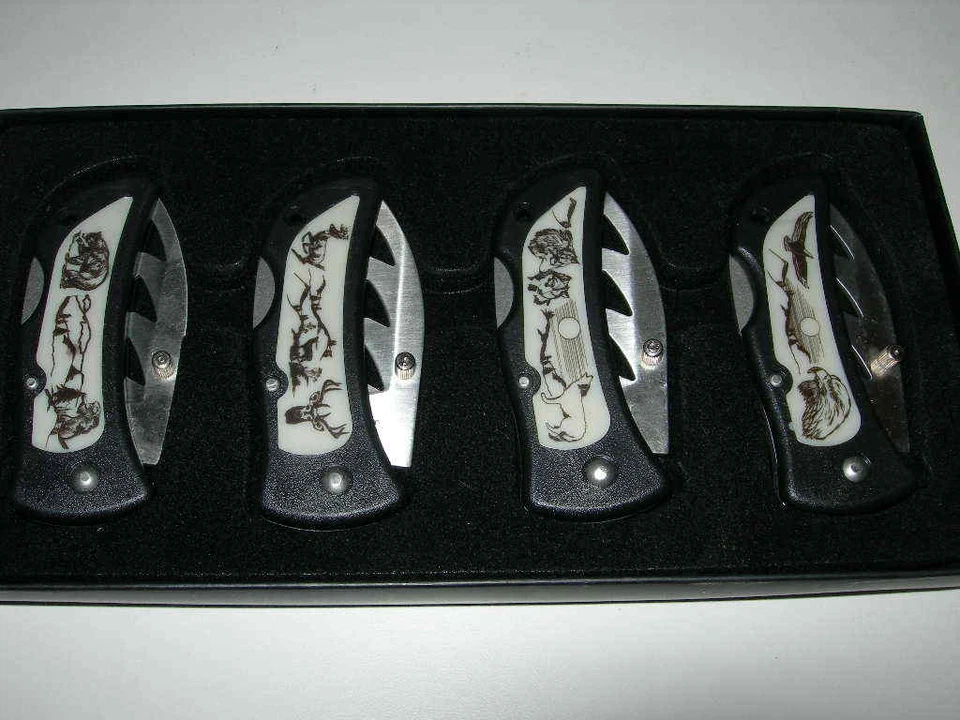 ¡JUEGO DE 4 NAVAJAS DE BOLSILLO PARA ESCARCHA "WILDLIFE" CON CLIPS Y HOJA DE 2 PULGADAS! L@@K! Foto 2 de 4