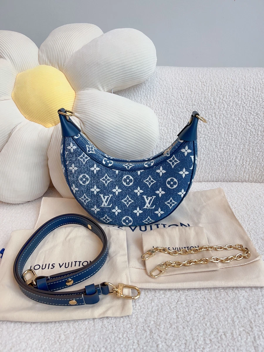 Louis Vuitton Loop Blue Denim Monogram Gold Chain Moon Crossbody Shoulder  Bag