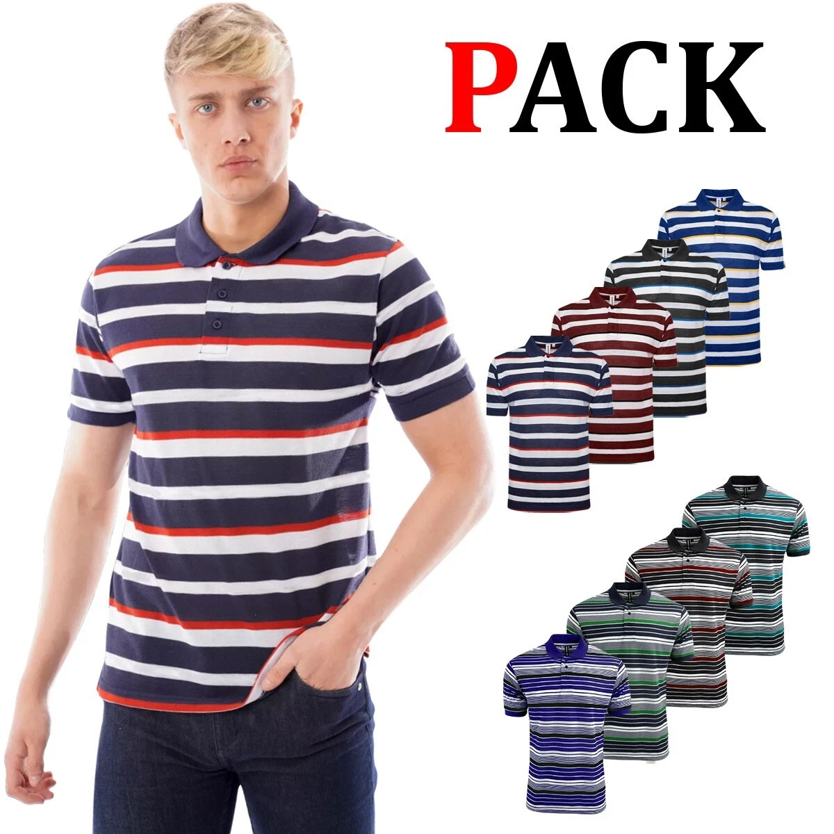 Mens Stripe Polo Pack Short Sleeve T Shirt Multi Set Casual Multipack Collar Top