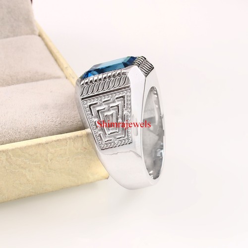 Natural Azul Piedra Topacio Con 18K Oro Blanco Chapado Plata Hombres Ring #1015 - Imagen 9 de 10