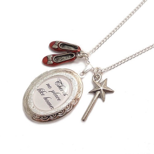 WIZARD OF OZ necklace locket There's no place like home RUBY red slippers shoes - Picture 2 of 3