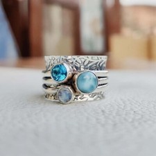 Blue Topaz, Moonstone, Larimar Ring Solid 925 Silver Spinner Ring All Size SR676