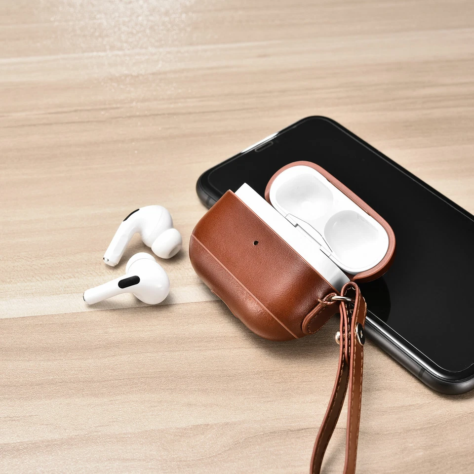Práctica funda protectora de cuero genuino de lujo a prueba de golpes para Apple AirPods Pro 1st Foto 2 de 4