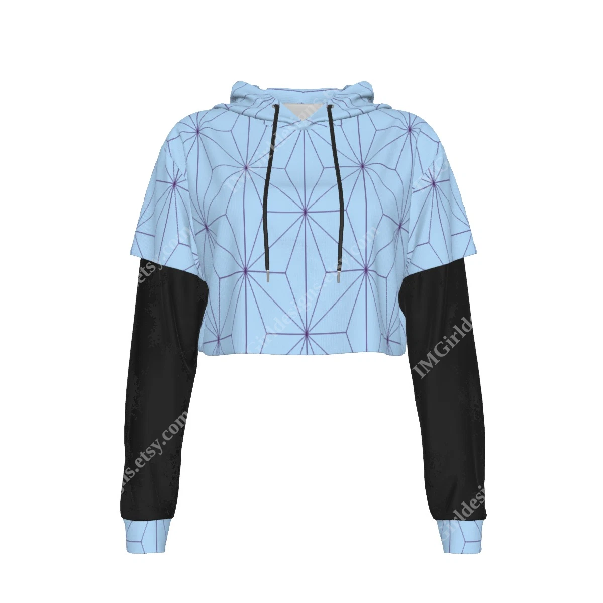 Mesh Sleeve Crop Hoodie, Blue Purple Asanoha Pattern, Traditional Japanese
Opens in a new window or